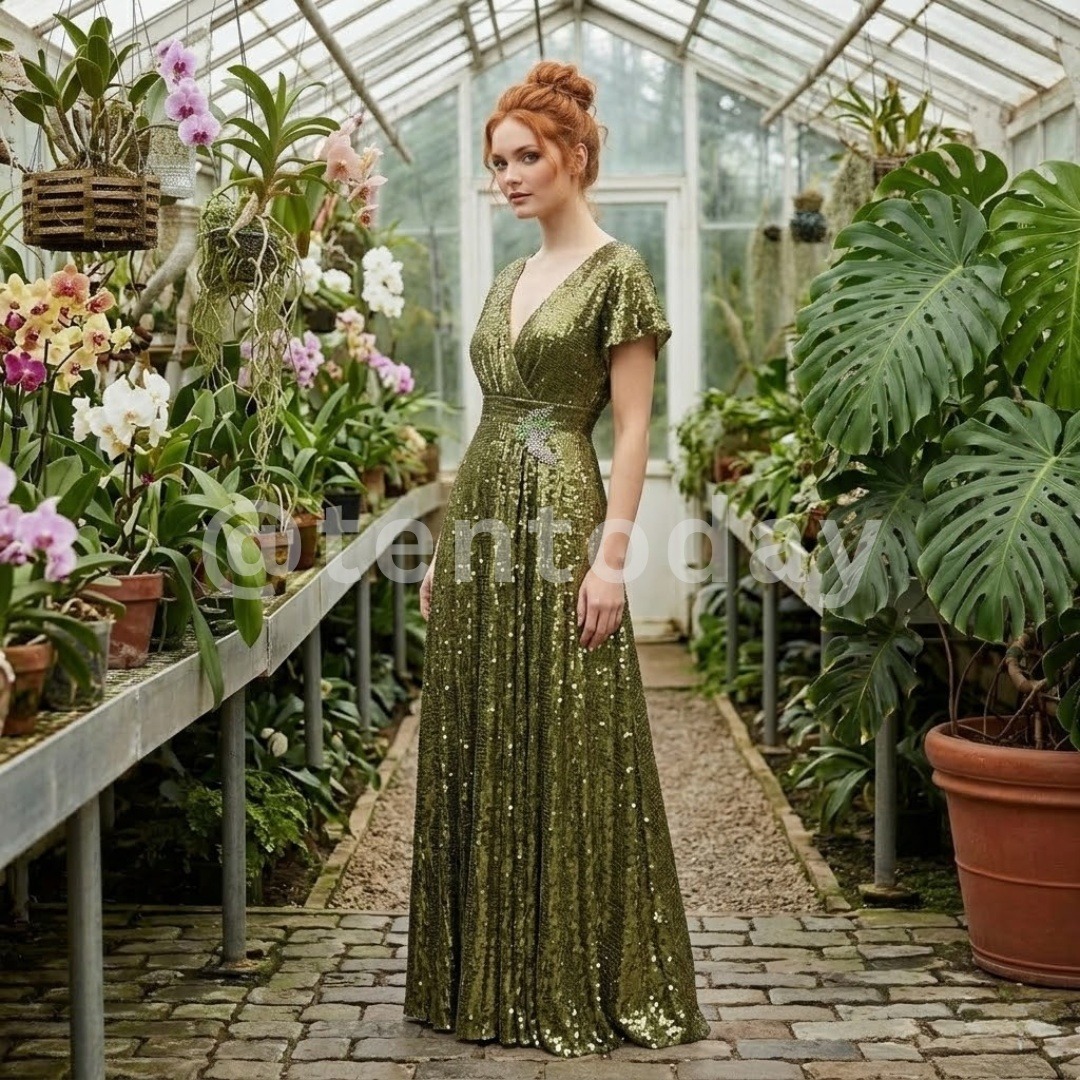 $598 Mac Duggal Size 8 Green Sequin V-Neck Flutter Sleeve Long Maxi Gown Dress